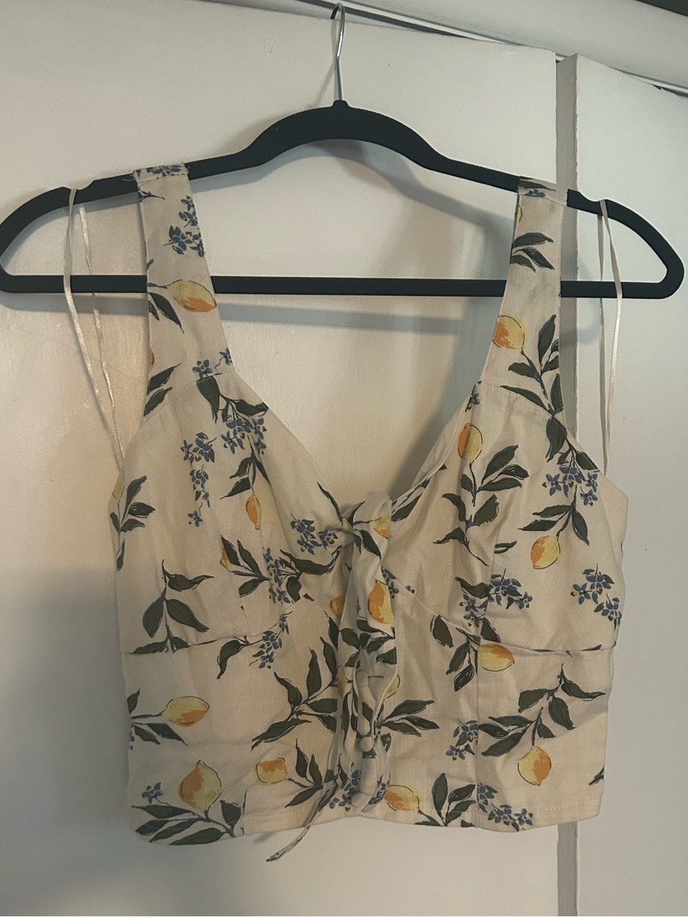 Lemon-Print Tie-Front Cropped Tank Top - Cream/Yellow